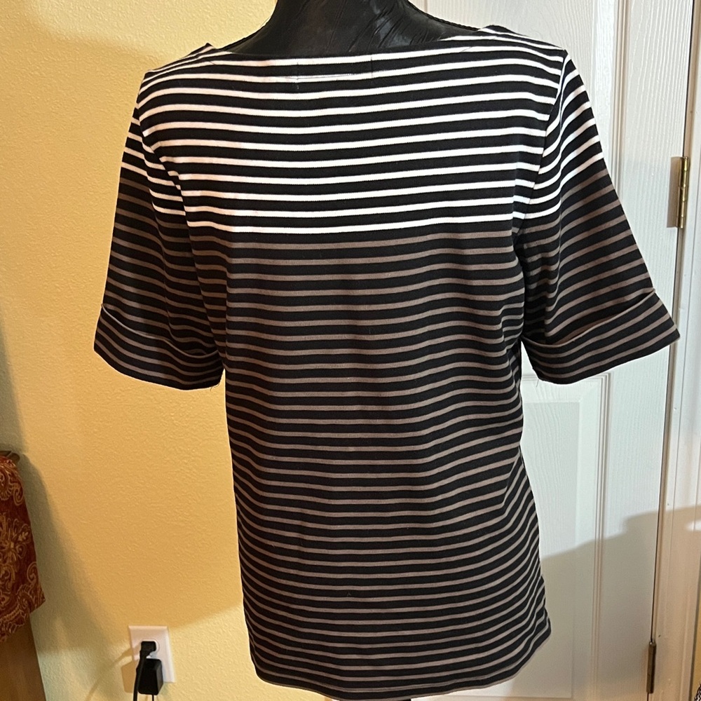 Karen Scott Black and White Striped Short Sleeve Top - Picture 4 of 4
